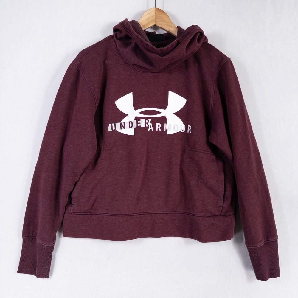 Under Armour Hoodie Womens Sz Medium Red Burgundy Pullover Pockets Cropped